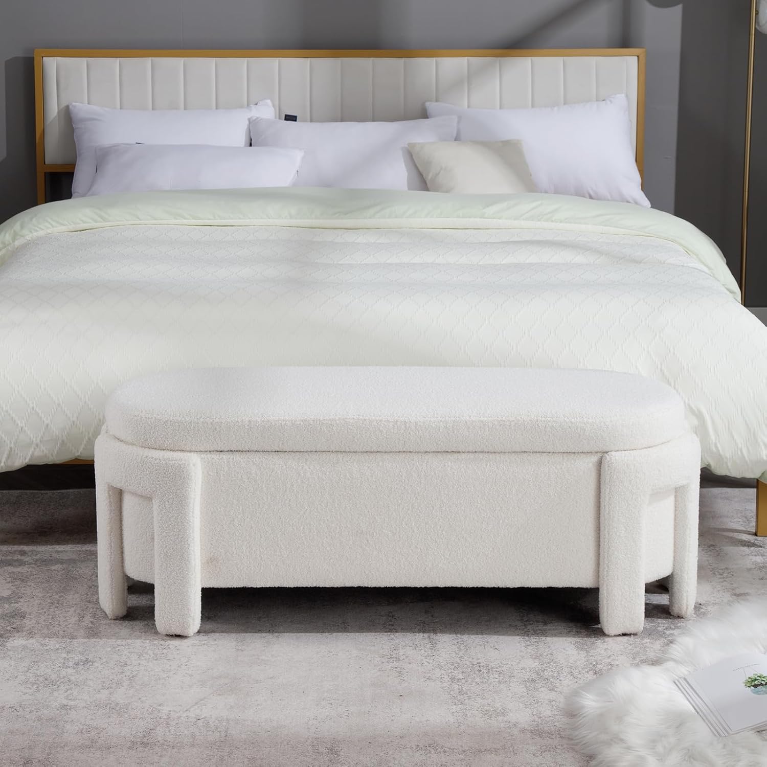 Modern Upholstered Storage Bench, Boucle Sherpa Fabric 50" Long Entryway Bench with Storage and Seating, Comfy Cute Ottoman Bench for Living Room/End of Bed/Hallway, White