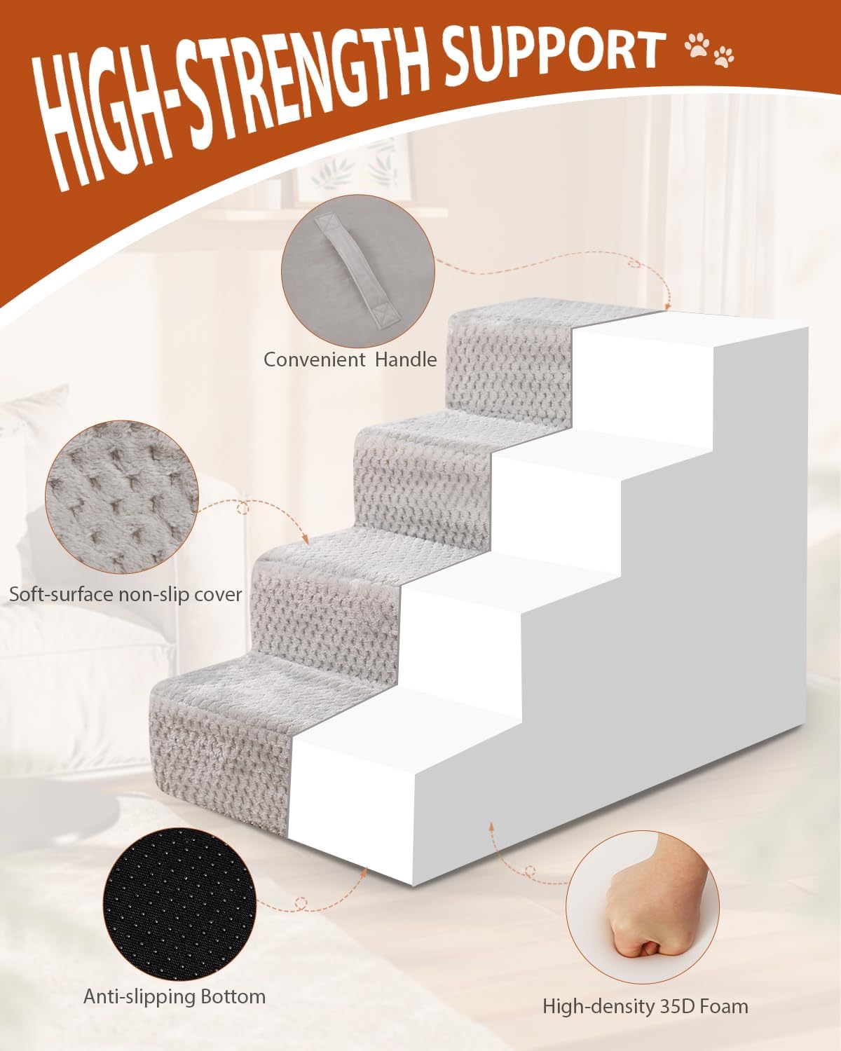 Dog Stairs for Small Dogs,22" H,5-Step Dog Steps for High Bed Couch and Sofa,Pet Stairs for Dogs and Cats Climbing with Non-Slip Bottom and Washable Cover,Grey