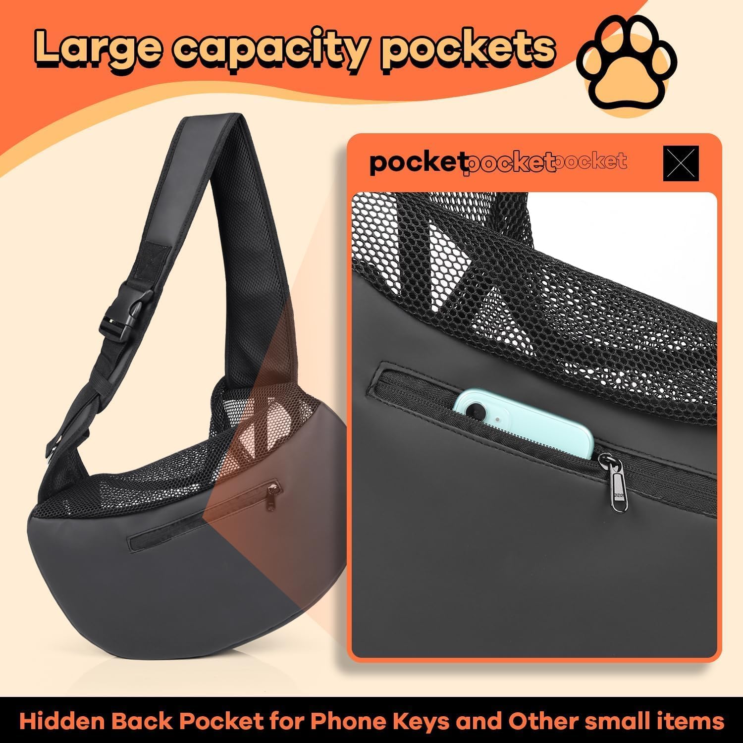 YUDODO Pet Sling Carrier for Small Dogs & Cats – Hands-Free Puppy Carrier with Safety Hook, Large Zipper Pocket, Soft Breathable Mesh, Adjustable Strap & Reflective Strip (Black 3.0 S)