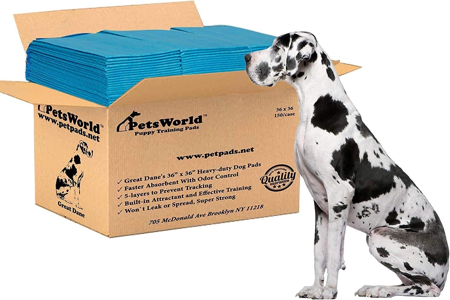 PETSWORLD Giant Dog Potty Pads, Odor-Eliminating, 36" x 36", Ultra Absorbent 5-Layer Leak-Proof Training Pads for Dogs & Cats (36x36, 150 Count)