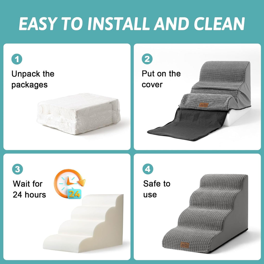 Dog Stairs for Small Dogs 15.7" H, Curved Dog Step for Puppy, Older Cat, Medium Pet Ramp for Sofa, Couch or Chair, Ladder with High Density Foam, 15.7x22.4x15.7 inch, 3 Step, Light Grey