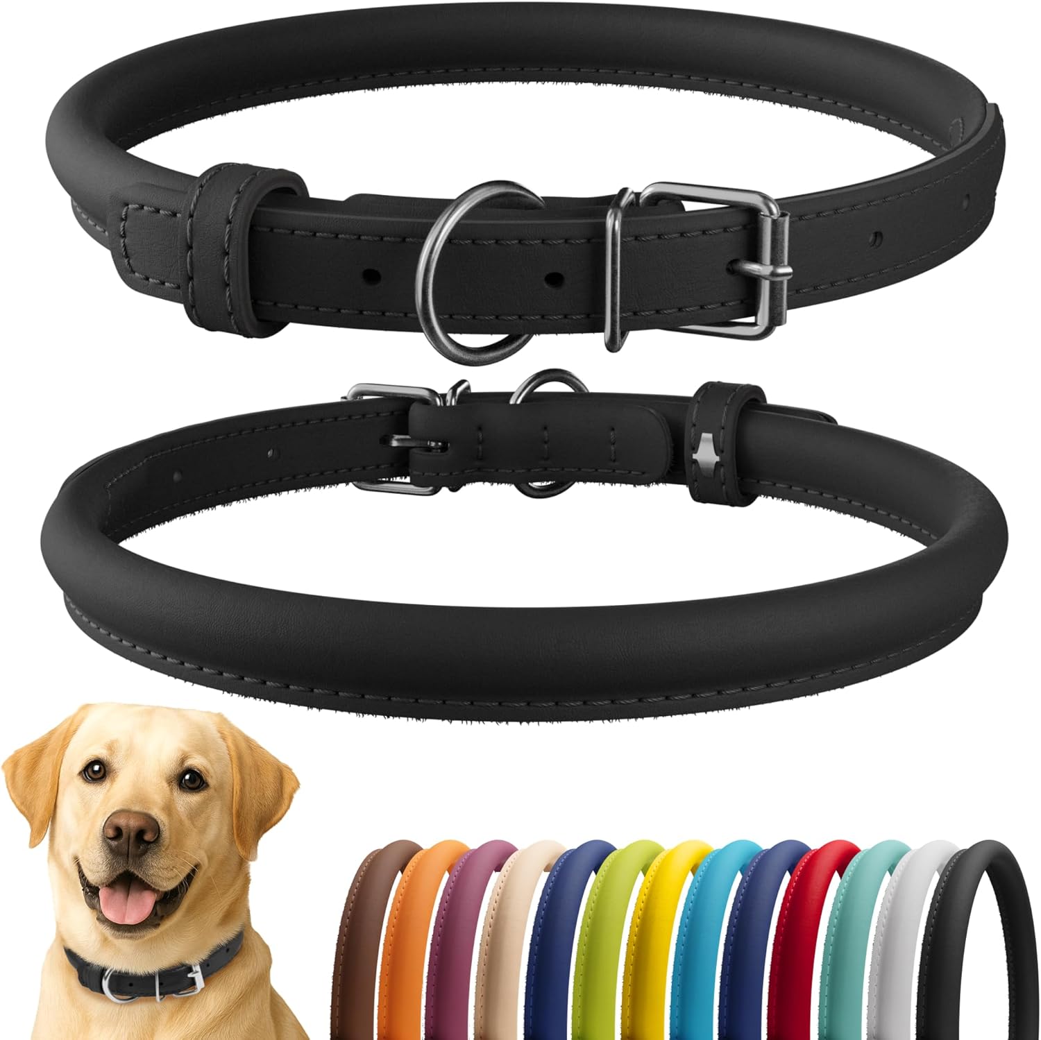 CollarDirect Rolled Leather Dog Collar, Soft Padded Round Puppy Collar, Handmade Genuine Leather Collar Dog Small Large Cat Collars 13 Colors (18-22 Inch, Black Smooth)