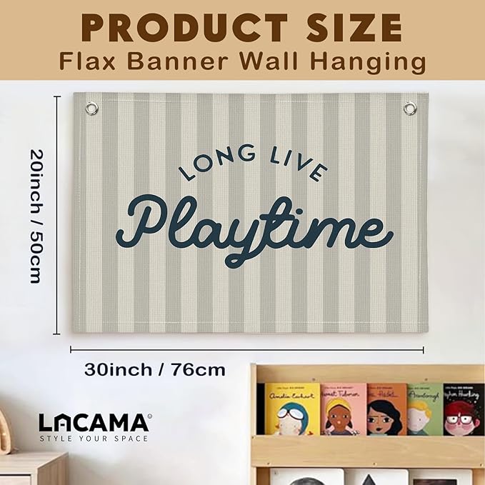 Lacama Playroom Decor, Play Room Wall Decor, Long Live Playtime Linen Banner Wall Hanging, Boho Beige Banner Flag Decor for Nursery Boys Room 30x20 Inch