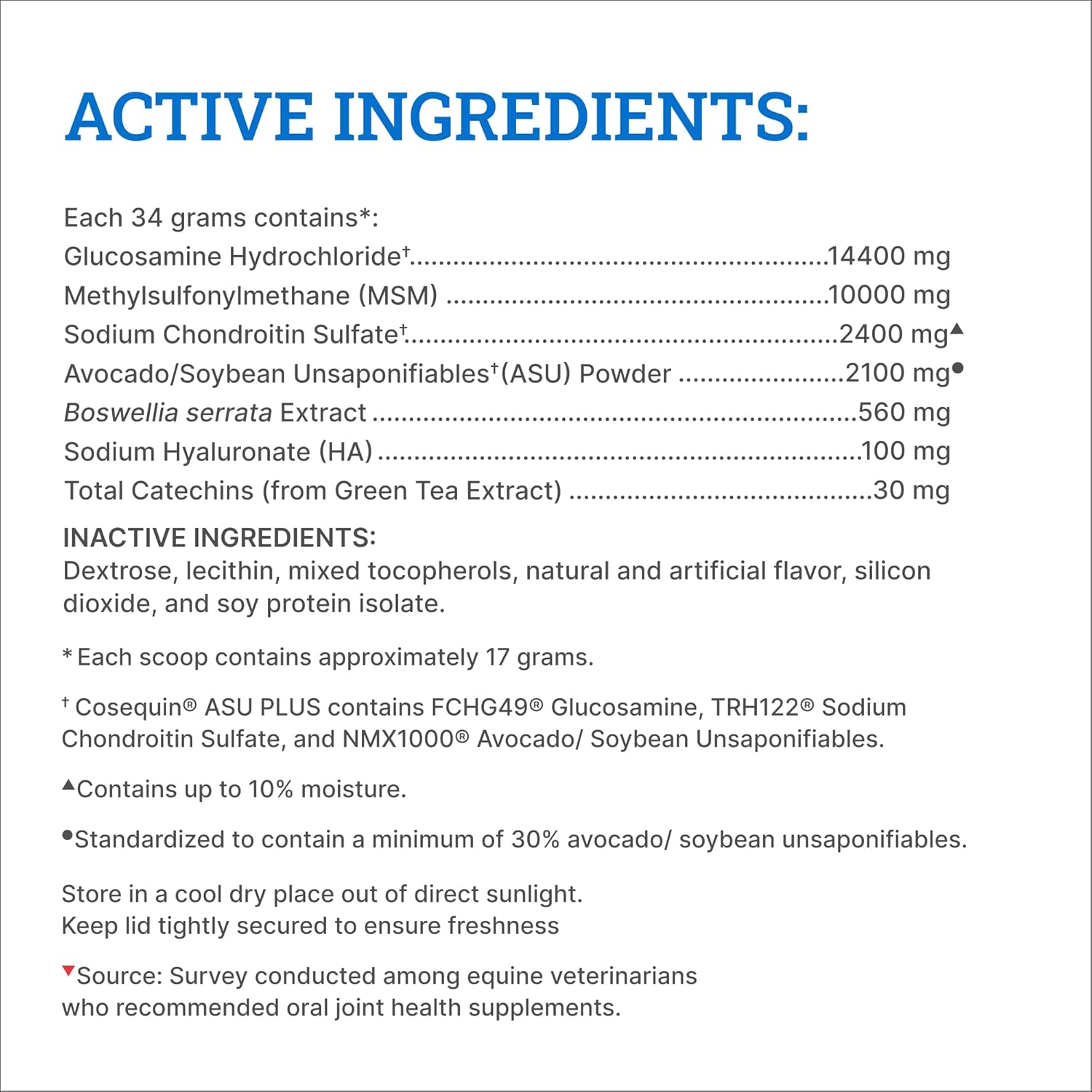 Nutramax Cosequin ASU Joint Health Supplement for Horses - Powder with Glucosamine, Chondroitin, MSM, ASU, Green Tea Extract, and Hyaluronic Acid, 1050 Grams