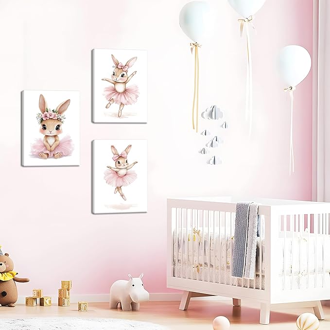 Baby Girl Nursery Wall Decor, Easter Nursery Canvas Wall Art Paintings Set of 3, Cute Animal Pink Bunny Posters Prints Pictures for Boys and Girls Room, Bedroom, Home Decor 12x16 In Framed