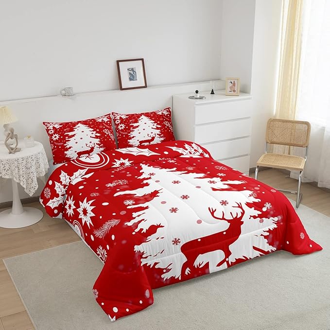 Feelyou Christmas King Size Comforter Set King 3 Pieces Tree Snowflake Deer Printed Bedding Comforter,1 Comforter + 2 Pillow Cases