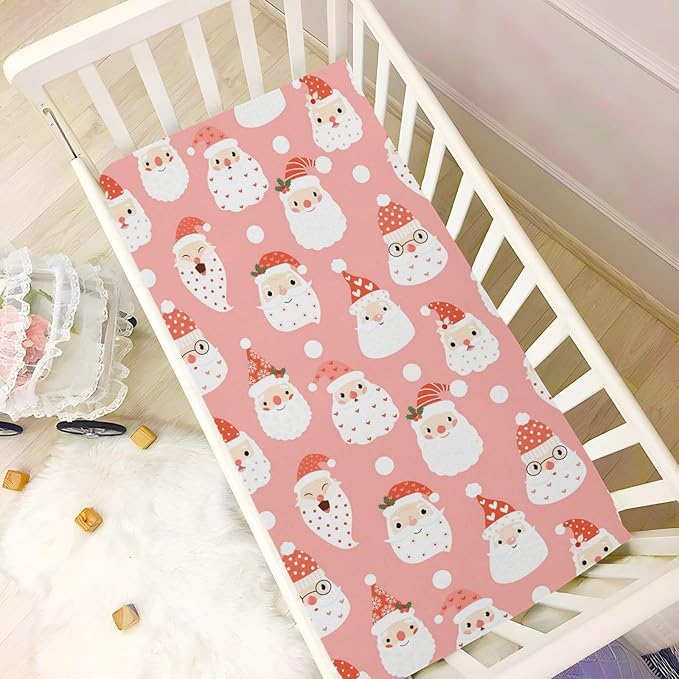 Santa Pink Christmas Crib Sheets Soft Breathable Fitted Baby Playard Sheets Mattress Cover for Girl Boys, 39" x 27" x 5"