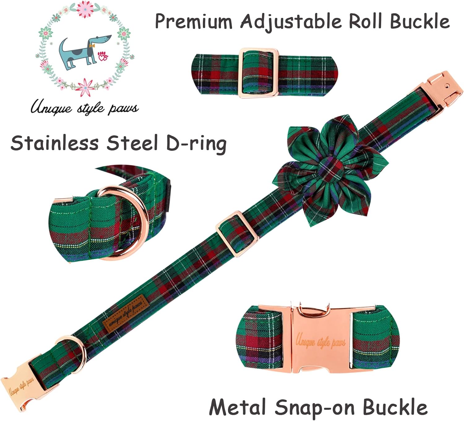 Unique style paws Dog Collar with Flower Tie Christmas Dog Collar for Small Medium Large Dogs with Adjustable Metal Buckle -L