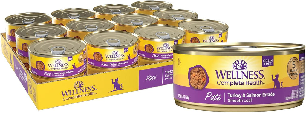 Wellness Complete Health Pate Adult Wet Cat Food, Natural, Protein-Rich, Grain Free, 5.5 Ounce, 24 Pack, (Turkey & Salmon)