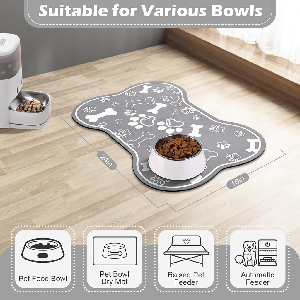 Dog Cat Food Mat,Rapid Absorbent Pet Feeding Mat, Bone Shaped Dog Placemat Water Bowl Mat with Rubber Backing,No Stains Dog Cat Food Mats Indoor, Pet Accessories Supplies 16"×24" Grey