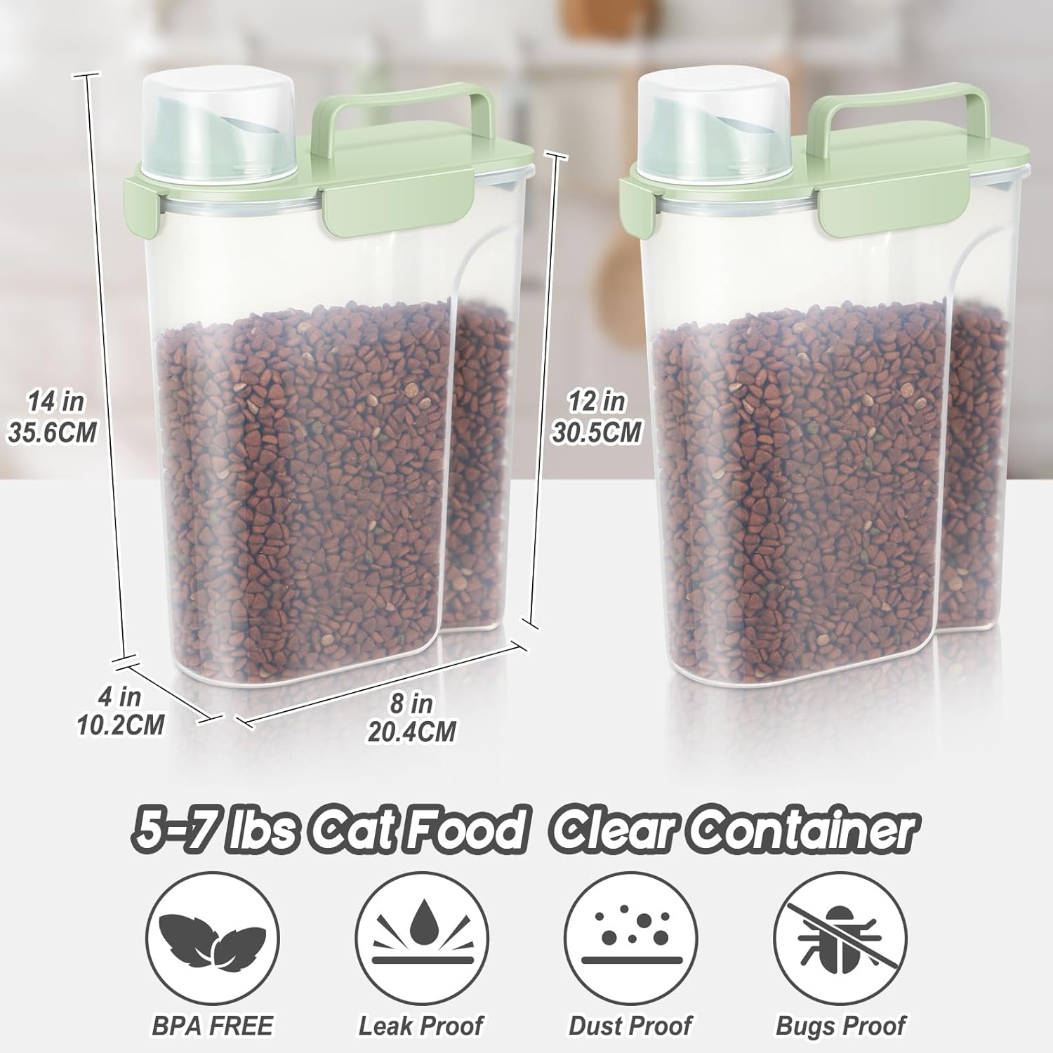 5-7Lbs Dog Cat Food Storage Container with Upgraded Large Nozzle BPA-free, 4 Snap Seals Plastic Pet Food Storage Containers with Handles (2, Light Green, 5L)