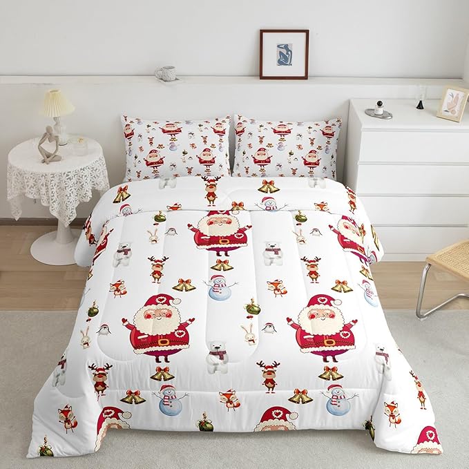 Feelyou Christmas Comforter Set Cute Snowman Santa Claus Kids Decorations Bedding Set Boys Girls Bear Rabbit Comforter Christmas Bells Design White Quilt with 2 Pillowcases 3Pcs Bedding King