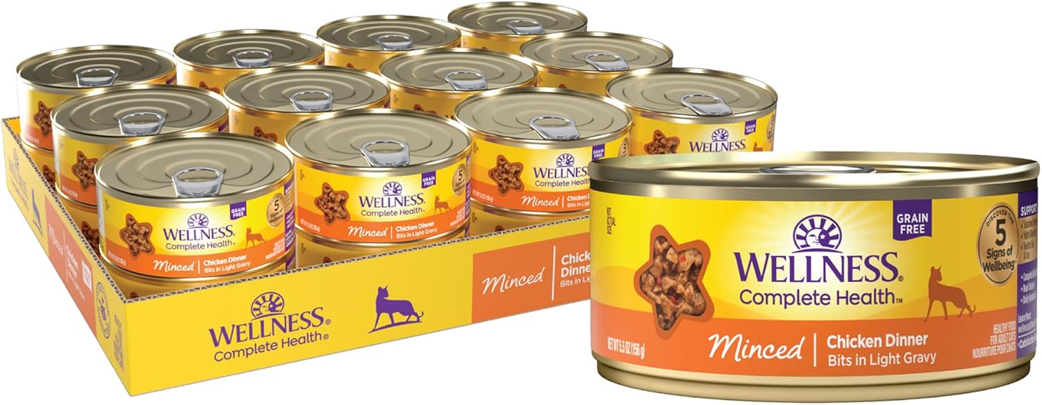 Wellness Complete Health Minced Adult Wet Cat Food, Natural, Protein-Rich, Grain Free, 5.5 Ounce, 24 Pack, (Chicken Entrée)