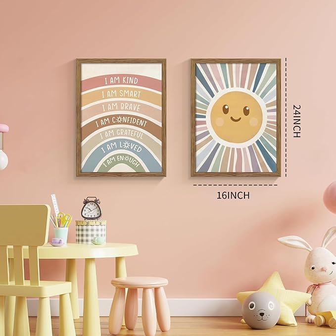 Dytila 2 Piece Framed Boho Rainbow Kids Room Wall Art, Positive Affirmations Playroom Wall Decor, Sun Smiley Face Nursery Painting Canvas Prints for Classroom Toddler Room Decor 16x24 Inch