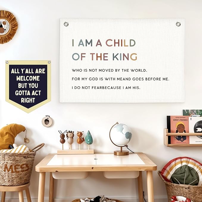 Lacama Christian Wall Decor for Boys Room, Baby Boys Nursery Decor, Bible Verse Wall Linen Hanging Banner Flags, I Am a Child of The King Banner Neutral Wall Decor, Birthday Gift 30x20 Inch