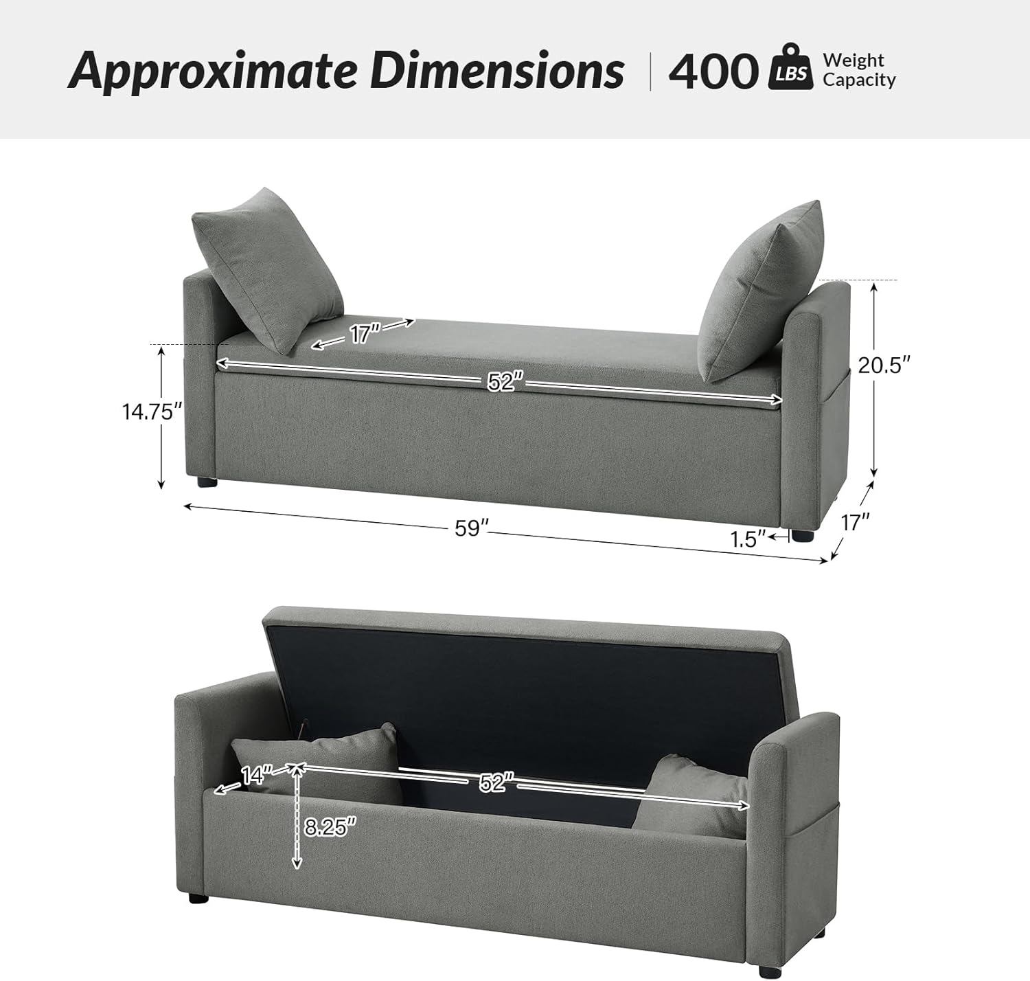 HULALA HOME Modern Storage Ottoman Bench with Throw Pillows, 59" Extra Long End of Bed Bench with Storage Pocket, Comfy Upholstered Footstool for Bedroom Entryway Living Room, Charcoal