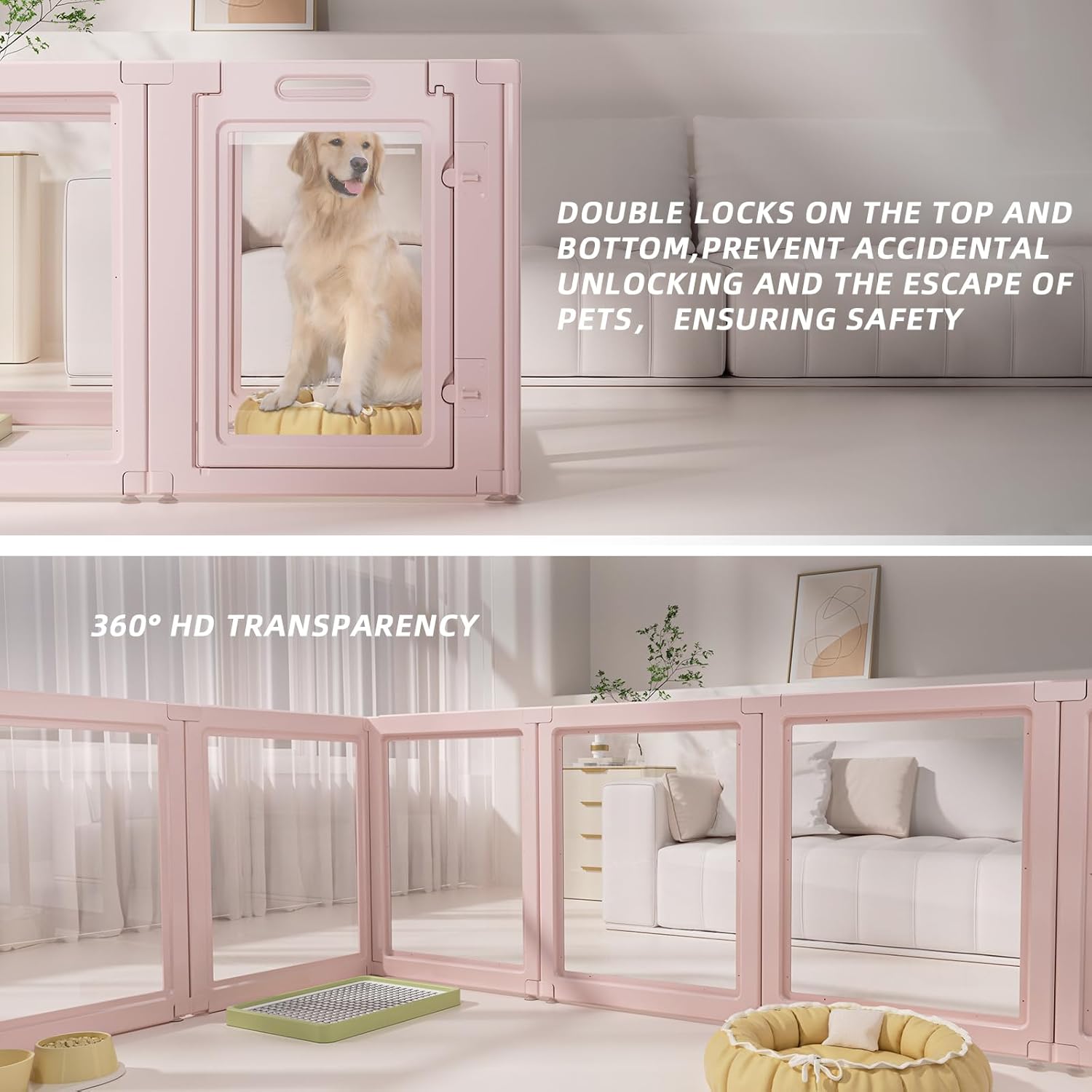 DIY Clear Acrylic Dog Playpen House,Quick Easy Assembly and Disassembly,Strong Floor Suction,Indoor and Outdoor Use,Easy Cleansing Puppy Fence (Skin Pink, 30.3" H, 10PCS)