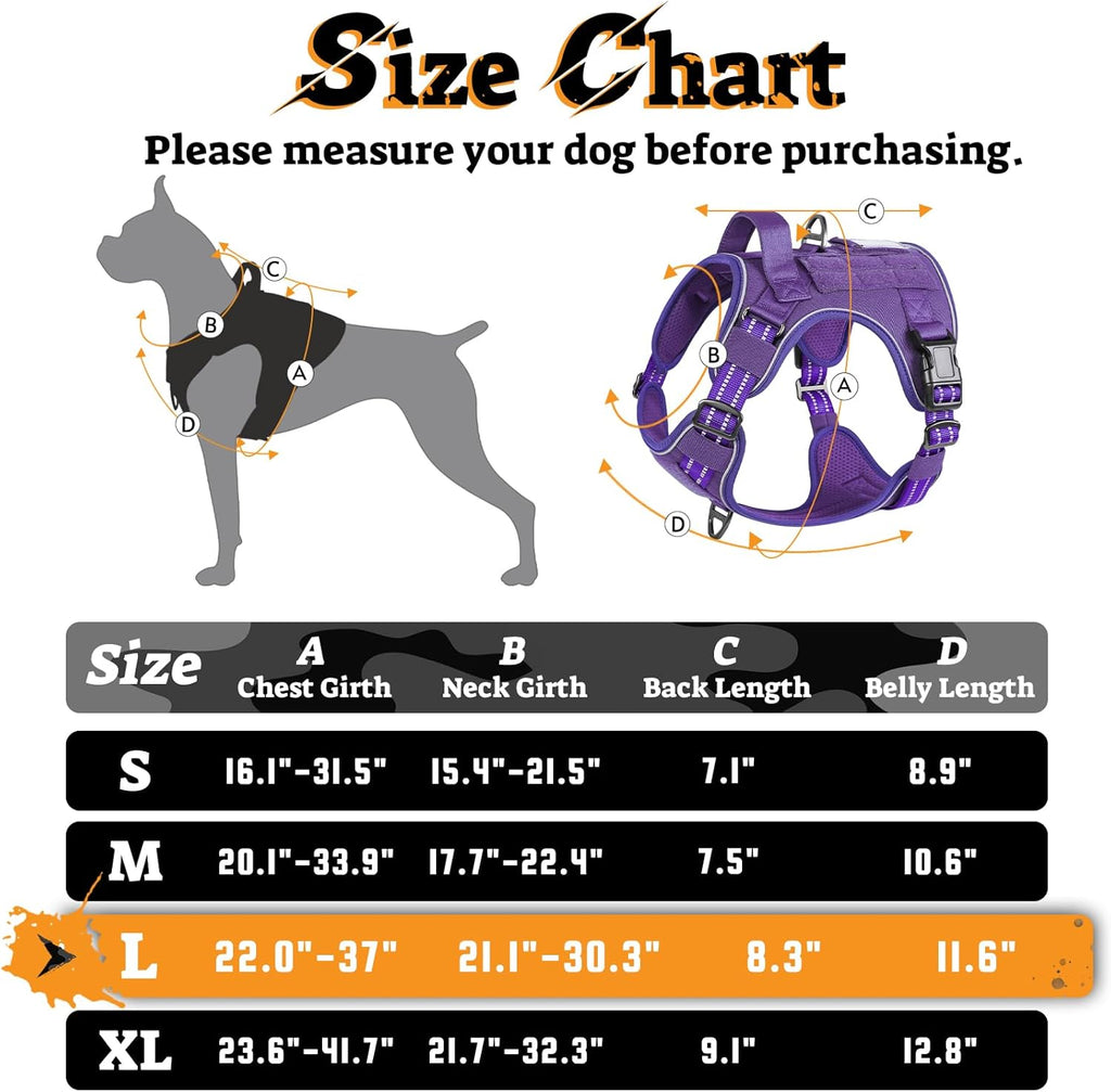 rabbitgoo Dog Harness for Large Dogs No Pull, Tactical Service Pet Vest with Molle and Control Handle, Adjustable and Reflective Military Harness for Easy Walking and Training, Purple, L