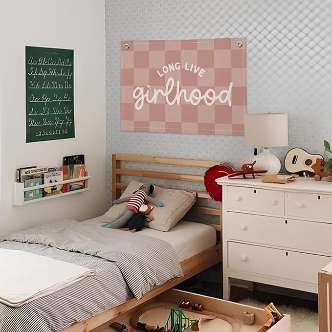 "Long Live Girlhood" Linen Canvas Wall Hanging 20x30 Inch - Pink Buffalo Check Girls Nursery & Toddler Room Decor, Banner Flag for Playroom Wall Art