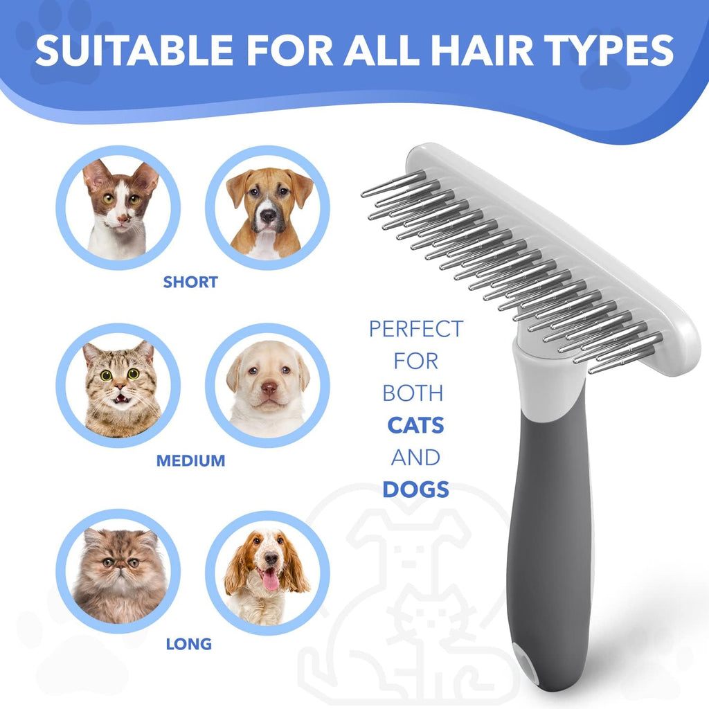 Dog rake deshedding dematting Brush Comb - Undercoat rake for Dogs, Cats, matted, Short,Long Hair Coats - Brush for Shedding, Double Row Stainless Steel pins - Reduce Shedding by 90% (White)