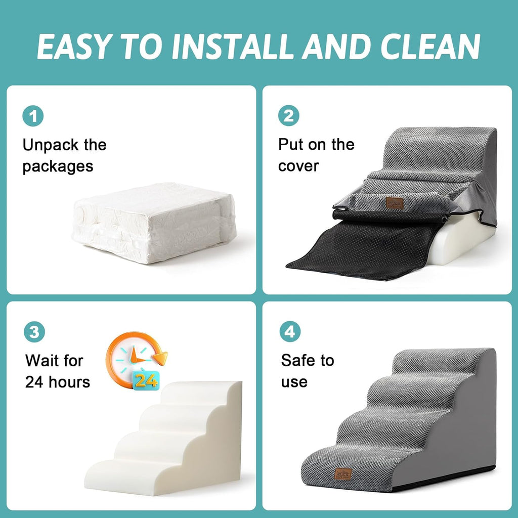 Dog Stairs for Small Dogs 19.7" H, Curved Dog Step for Puppy, Older or Cat, Medium Pet Ramp for Sofa, Couch or Bed, Ladder with High Density Foam, 15.7x28.3x19.7 inch, 4 Step, Grey