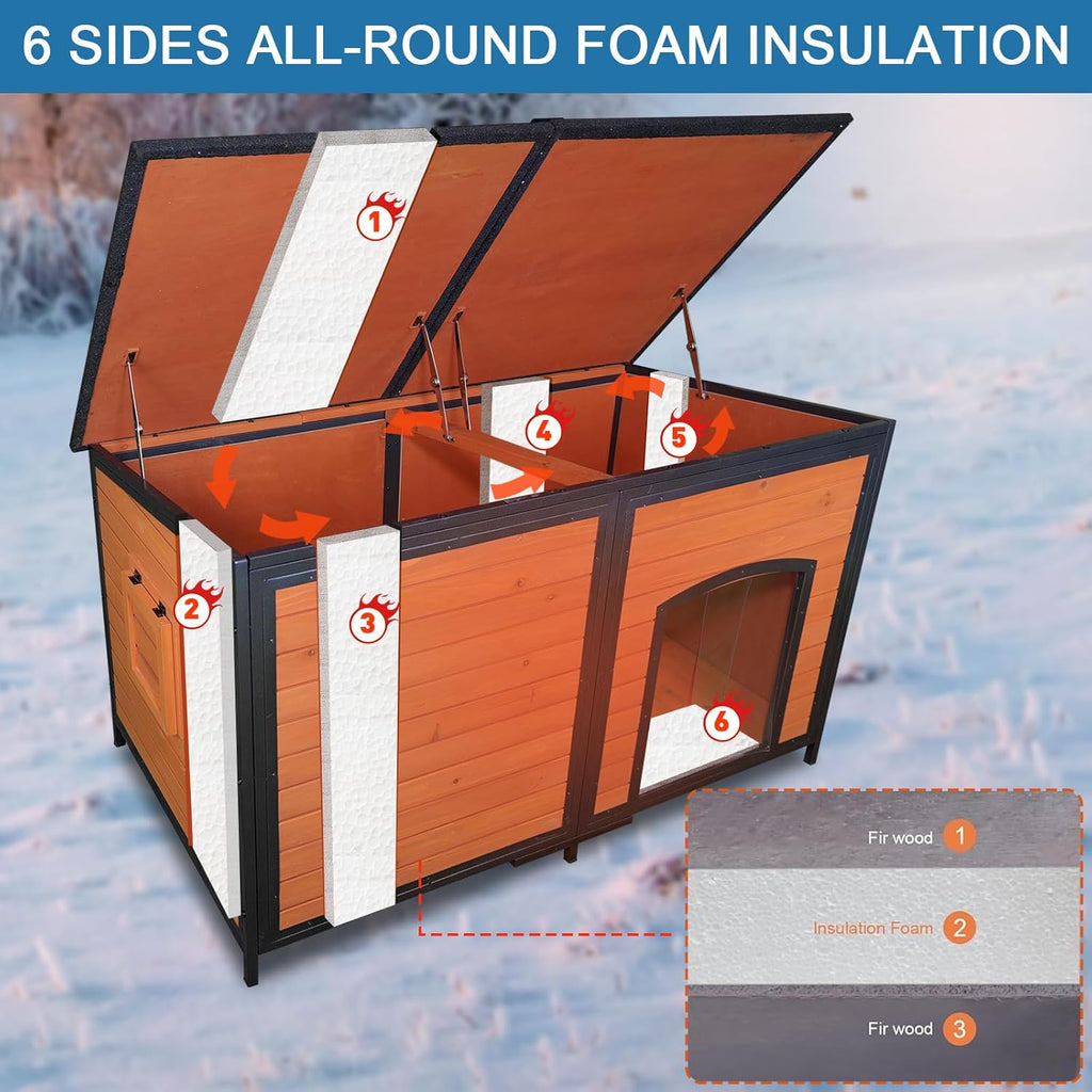 Extra Large Dog House Outdoor 59.1" L Outside Insulated Dog Kennel Weatherproof Winter, 6 Sides All-Round Foam for Small Medium Large Extra Large Dogs, Strong Metal Chew Proof Frame Window