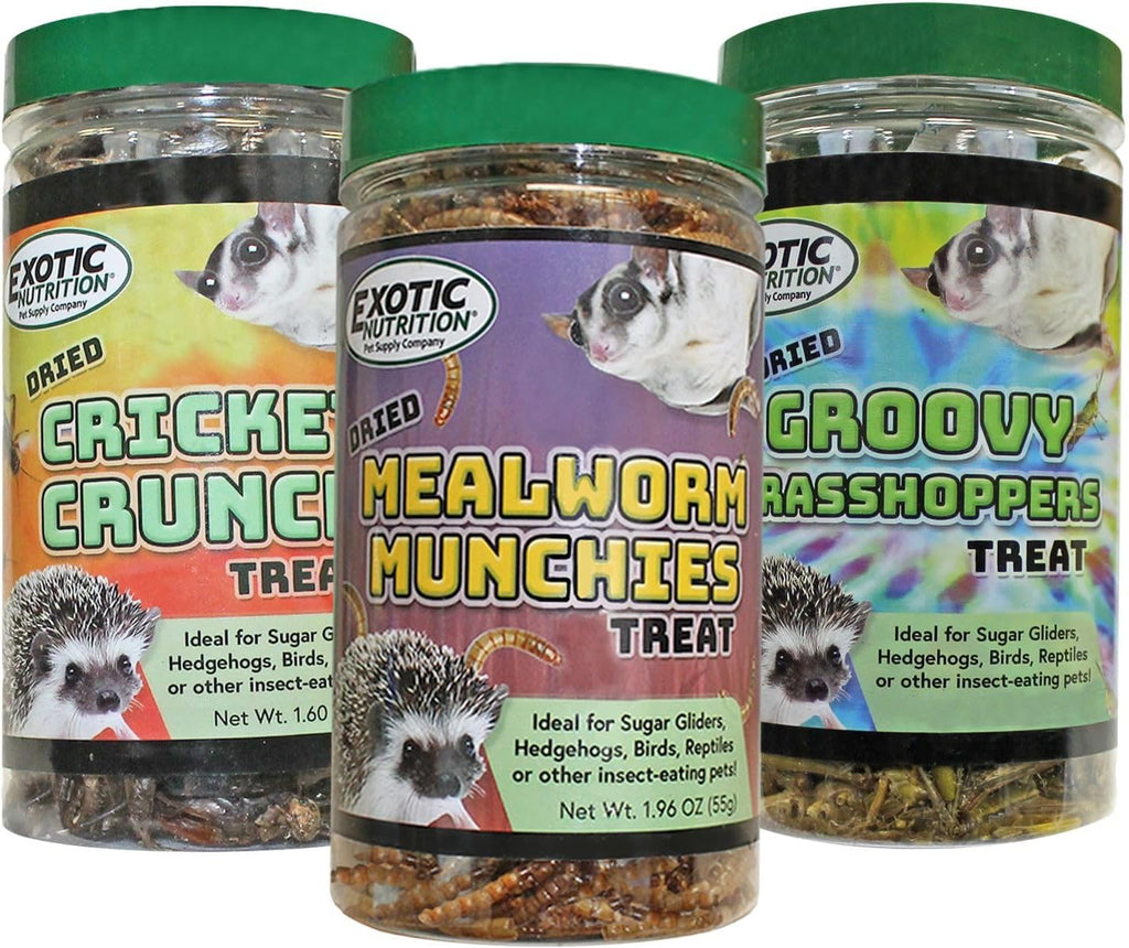 Exotic Nutrition Dried Insect 3 Pack - Crickets, Grasshoppers, Mealworms - for Sugar Gliders, Hedgehogs, Wild Birds, Chickens, Turtles, Tropical Fish, Reptiles