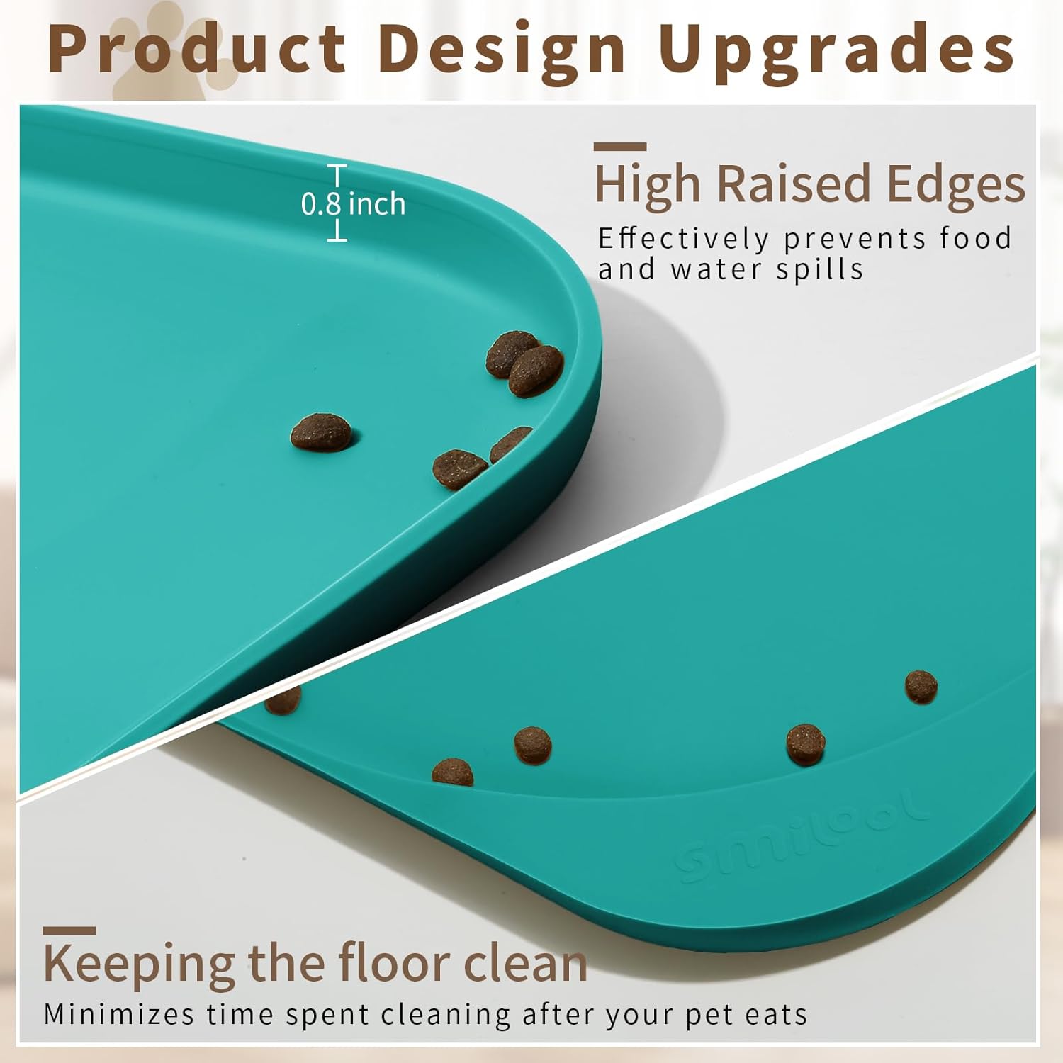 Silicone Pet Feeding Mat with Raised Edge & Residue Collection Pocket for Food and Water, Dog Bowl Mats, Cat Bowls Placemat with High Lip for Floor Waterproof, 24 x 16 x 0.8 Dark Turquoise