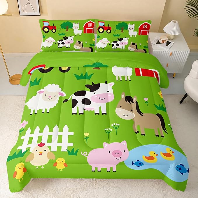 QOOMO Farm Animal Comforter,Pig Cow Sheep Comforter Set for Kids Teens Girls Boys,3Pcs Bedding Set Printed Comforter with 2 Pillowcases,Down Alternative,Soft and Lightweight，Queen Size