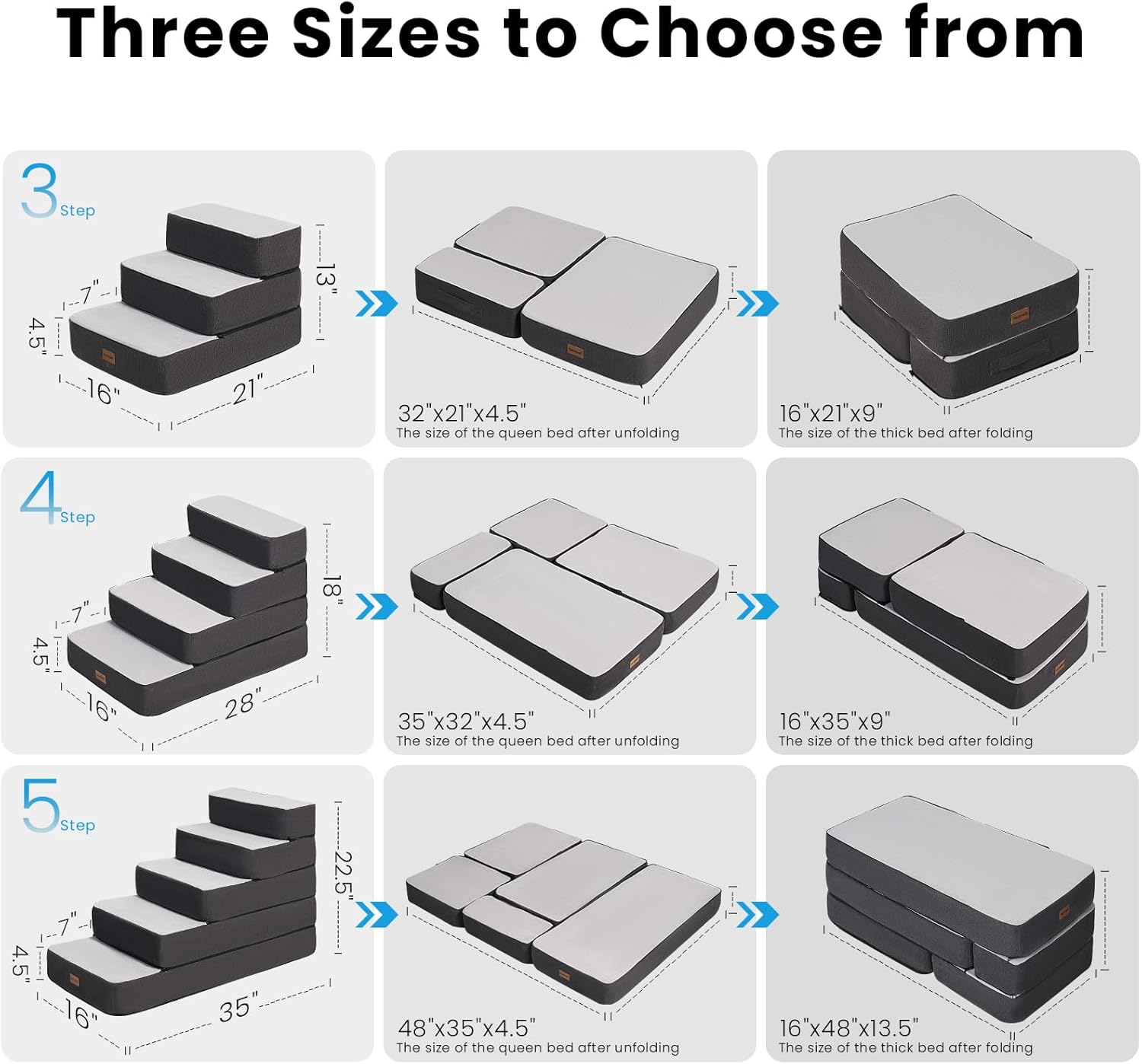 3-Step Adjustable Dog Stairs for Sofa and Couch, Dog Steps for Small Dogs and Cats, Foldable Pet Stairs for Low Bed Climbing, Non-Slip Pet Step Indoor, Grey