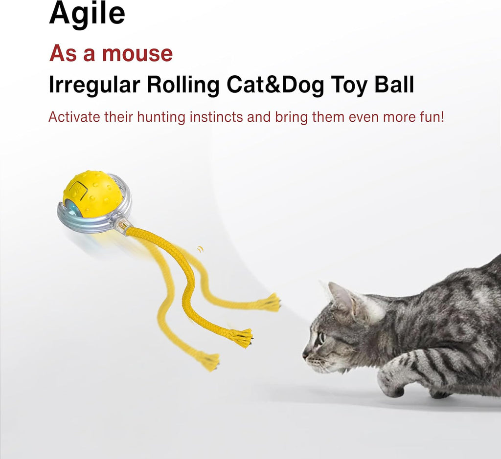 Interactive Cat Toy – Motion Activated Rolling Ball with LED Lights & 3 Play Modes & Two Different Tails - Best Toy for Indoor Cats & Kittens to Stay Active and Stimulate Hunting Instinct (Yellow)