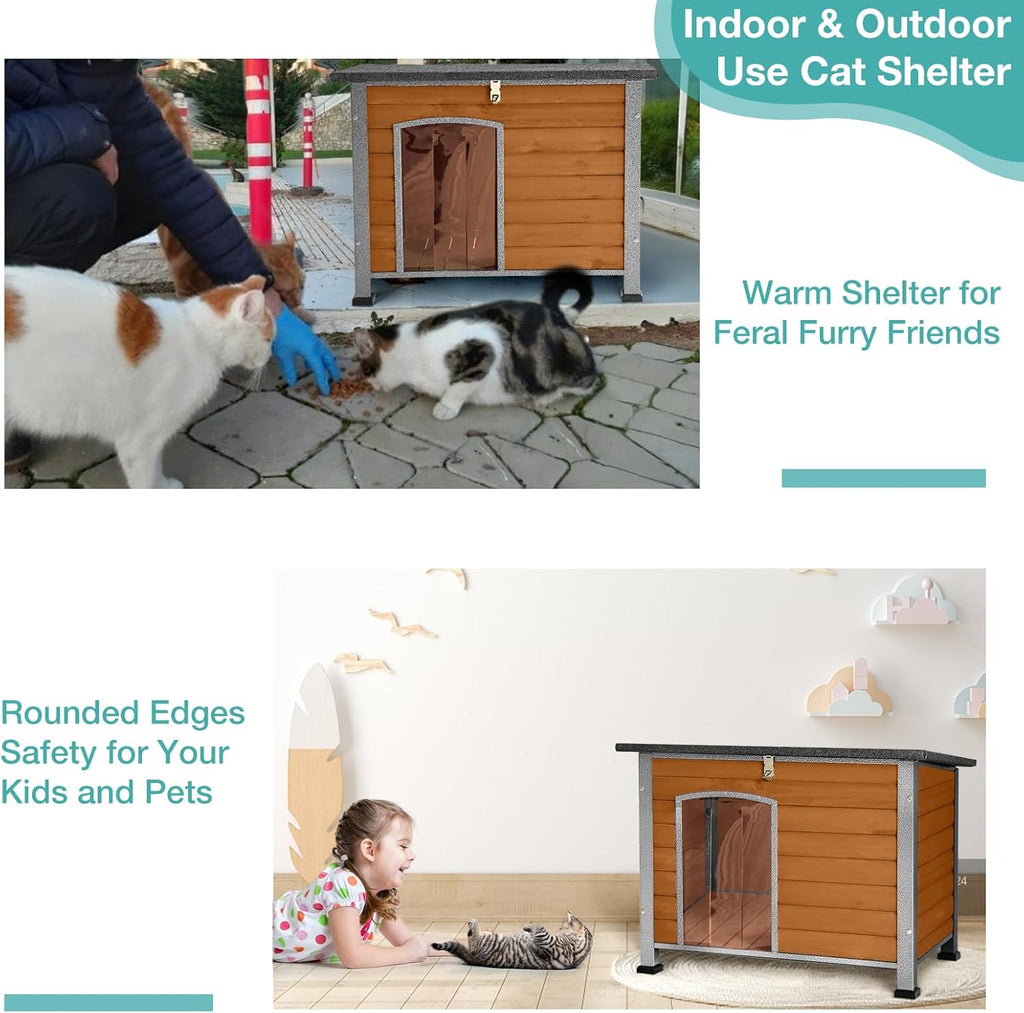 Indoor Outdoor Dog House,Anti-Chewing Iron Frame Dog Kennel,Wood Warm Pets Home,Weatherproof Outside Shelter for Feral Animal 33.5" (L) X 22" (W) X 25.2" (H) Brown