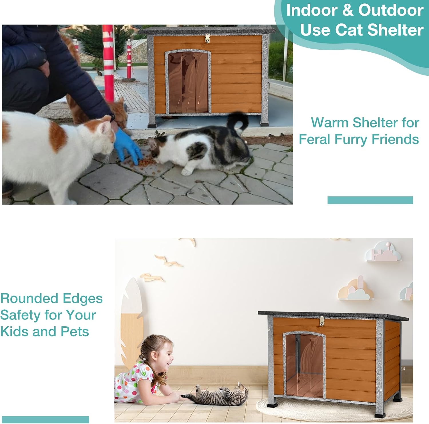 Indoor Outdoor Dog House,Anti-Chewing Iron Frame Dog Kennel,Wood Warm Pets Home,Weatherproof Outside Shelter for Feral Animal 33.5" (L) X 22" (W) X 25.2" (H) Brown