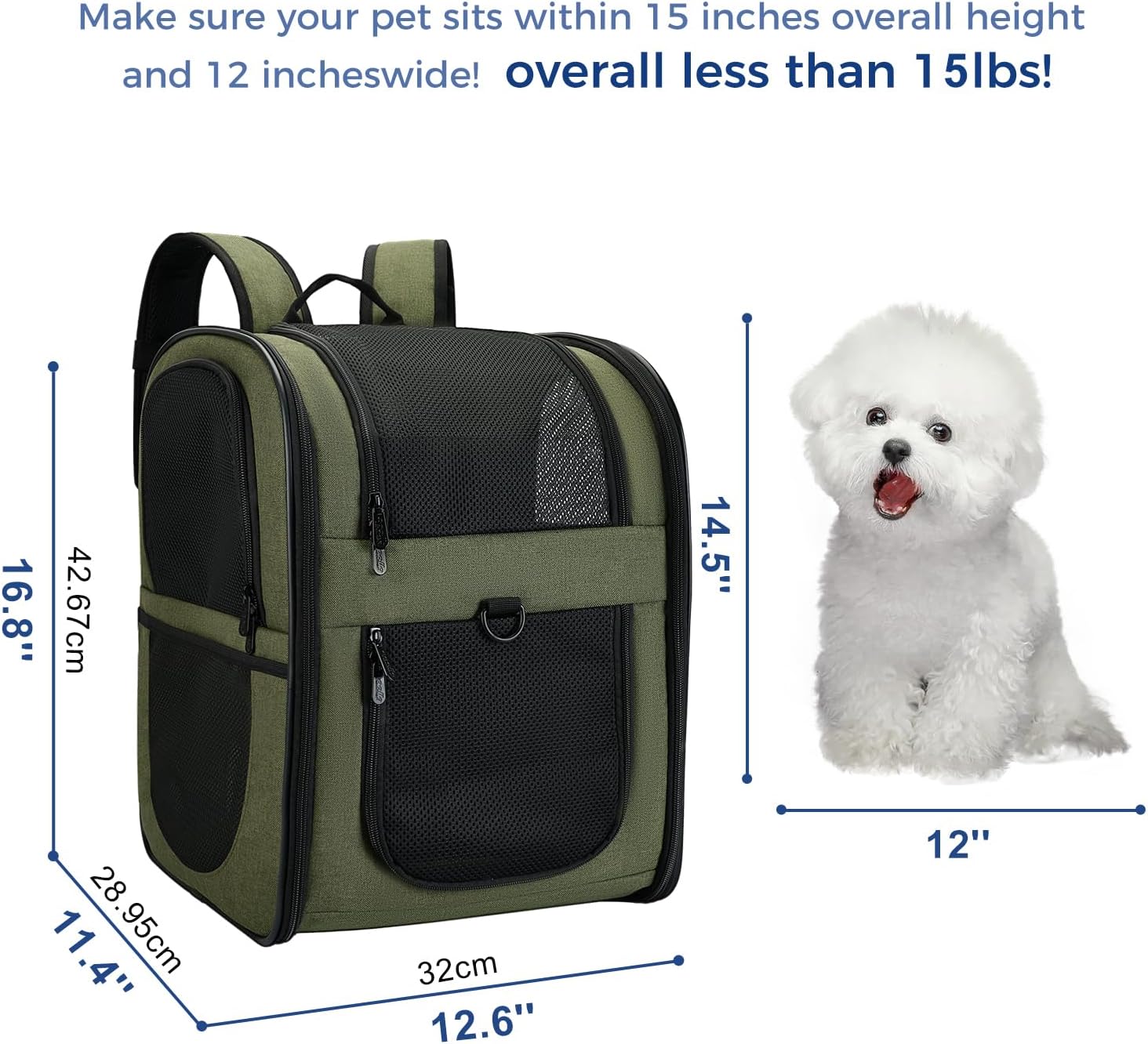 Apollo Walker Dog & Cat Carrier Backpack for 4-15lb Pets - Ventilated Safe Design with Padded Back Support, Breathable Mesh Pet Backpack for Hiking, Travel, Outdoor (Green)