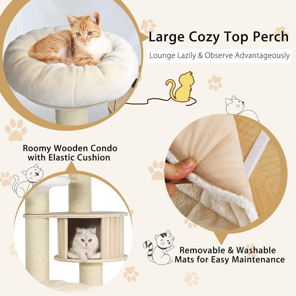 Tangkula Large Cat Tree, Multi-Level Tall Cat Tower with Sisal Scratching Posts, Hammocks, Hanging Basket, Cat Condo and Removable Washable Cushions, Modern Wood Cat Tree for Indoor Cats Large Adult