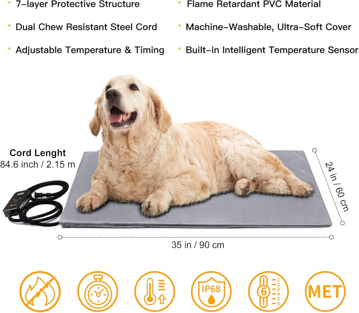 Toozey Large Heated Pet Mat 35x24 in - Waterproof, Chew Resistant, 6 Temp Settings with Timer, Indoor Use for Dogs and Cats