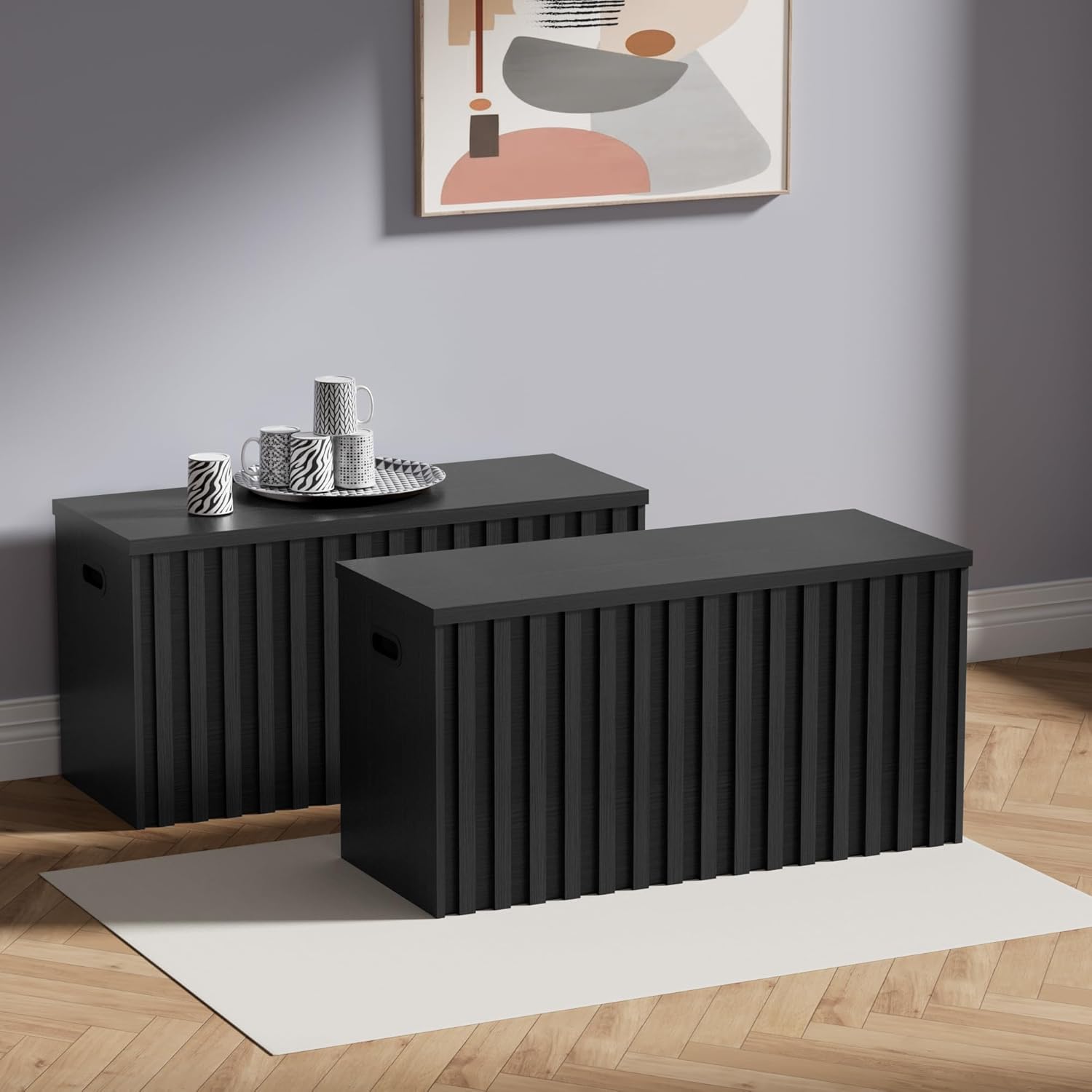 UEV Black Storage Bench Set of 2, 39.4" Fluted Wood Storage Trunk with 2 Safety Hinges, Sturdy Storage Chest, Storage Bench for Bedroom,Entryway, Living Room