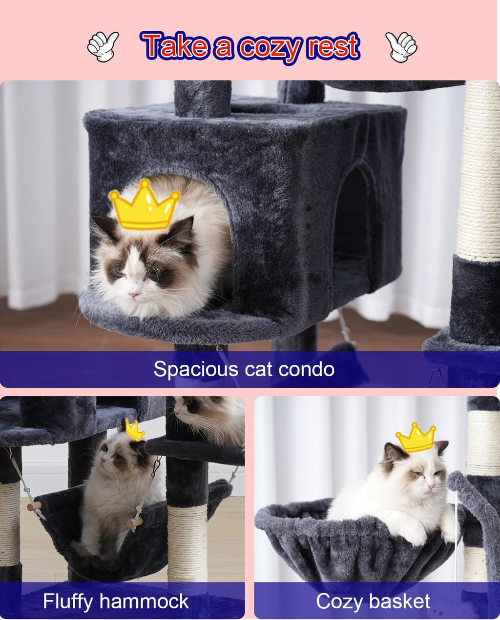 Cat Tree, Cat Tower for Large Cats with 2 Big Platforms, 2 Baskets, condo and Toys, 63" Cat Scratching Posts for Indoor Cats, Smoky Gray GCT020G