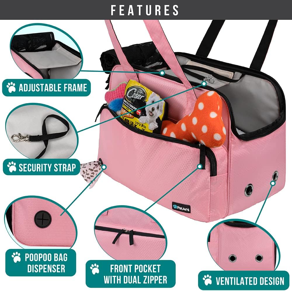 PetAmi Small Dog Purse Carrier, Soft-Sided Pet Carrier Bag with Pockets, Portable Puppy Cat Travel Handbag Tote, Airline Approved Breathable Mesh, Poop Bag Dispenser, Max 18 lbs, Pink