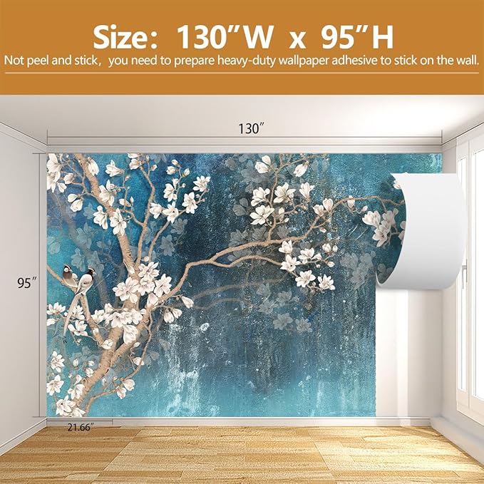 Vintage Flower Bird Wallpaper Magnolia Floral Wallpaper Mural Living Room Bedroom（Not Peel and Stick）