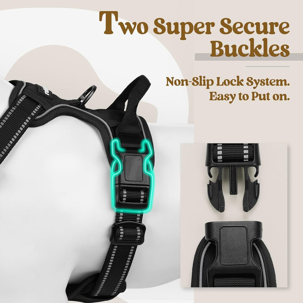 rabbitgoo Dog Harness No Pull with 2 Leash Clips, Adjustable Soft Padded, Reflective Oxford No Choke Pet Vest with Easy Control Handle for Large Dogs, Black, XL
