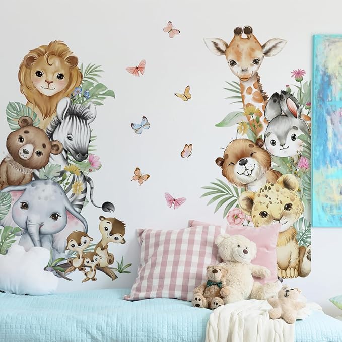 Watercolor Jungle Animal Wall Decals - Tiger, Elephant, Giraffe, Zebra, Lion - Removable Stickers for Baby's Nursery, Playroom, Bedroom, Classroom, Kindergarten Decor