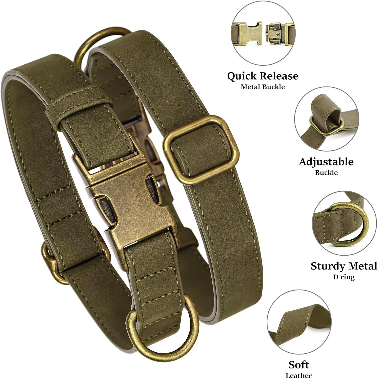 Didog Soft PU Leather Dog Collar, Stylish Quick Released Dog Collar for Large Dogs, Easy Clean Adjustable Pet Collar for Daily Walking, Dark Green, L Fit 15-23" Neck