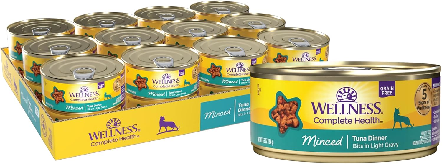 Wellness Complete Health Minced Adult Wet Cat Food, Natural, Protein-Rich, Grain Free, 5.5 Ounce, 24 Pack, (Tuna Entrée)