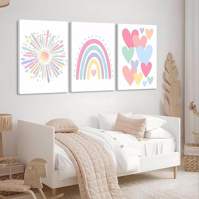 Dytial 3 Piece Toddler Girl Room Decor, Rainbow Wall Decor for Girls Bedroom, Colorful Boho Sunshine Paintings for Nursery Decor, Kids Room Wall Decor, Classroom Decoration 12x16 Inch