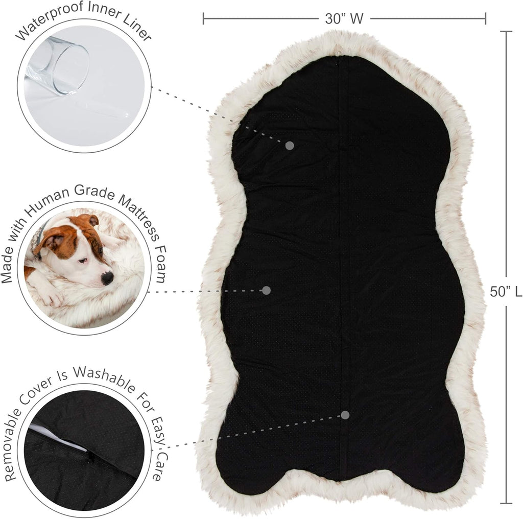 IHAPPYDOG Luxury Faux Fur Orthopedic Dog Bed, Memory Foam Dog Bed for Small, Medium, Large and XL Pets, Fluffy Pet Bed with Waterproof and Washable Cover (White w/Brown Tips, 50"x30")