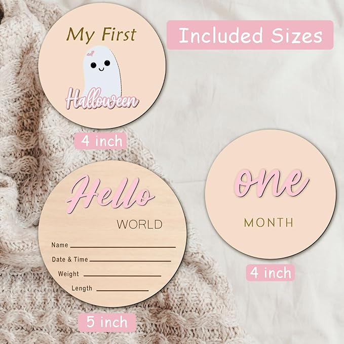 Monthly Baby Milestone Maker Discs, Baby Milestone Signs for Newborn Baby, Hello World Newborn Sign for Baby Girl & Boy, Baby Announcement Sign for 1-12 Month, Milestone Wooden Circles (Pink)