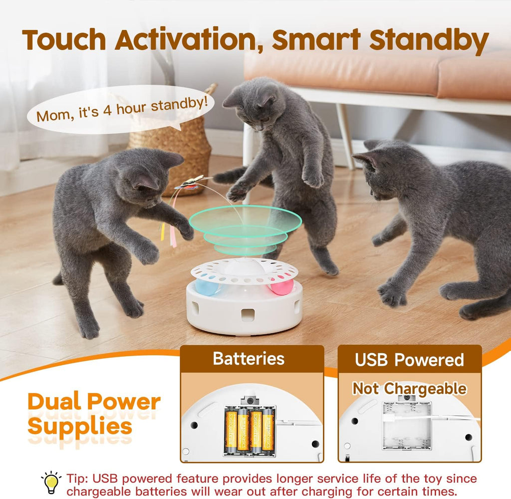 Potaroma Cat Toys 3in1 Automatic Interactive Kitten Toy, Fluttering Butterfly, Moving Feather, Track Balls, Dual Power Supplies, USB Powered, Indoor Exercise Kicker (Bright White)