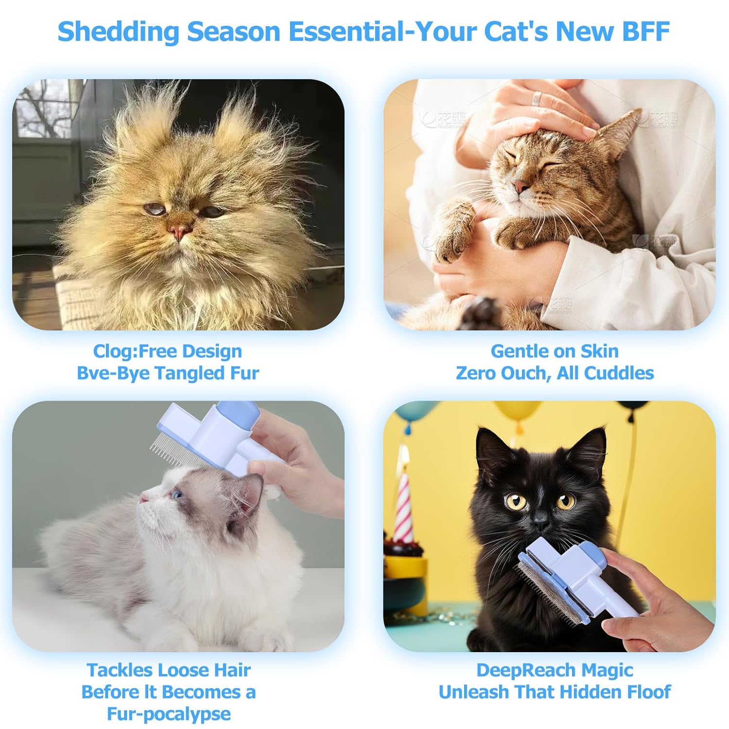 Zen Brush for Cats: Cat Flea Comb & Dematting Comb for Cats - Self-Cleaning Pet Hair Removal Tool with Long & Short Stainless Steel Teeth, Blue Pink