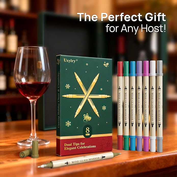 Wine Glass Markers Washable, 8-Pack Dual Tip Erasable Pens | Food Grade Non-Toxic Ink for Glasses, Ceramic | Ideal Christmas Gifts & Party Accessories